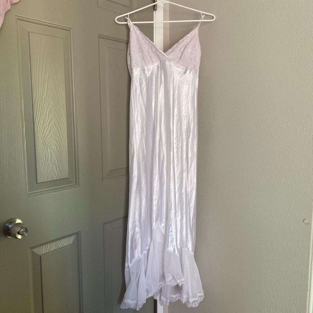 white silk long dress with lace on top and bottom